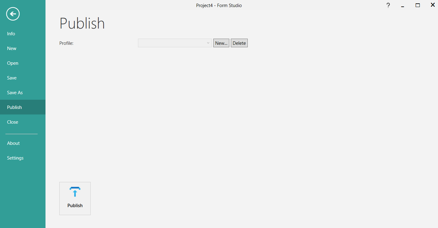 Picture showing initial empty Publish page in Form Studio.